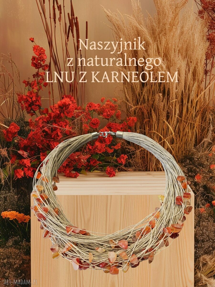 Naszyjnik z naturalnego lnu i karneolu - Beezoo