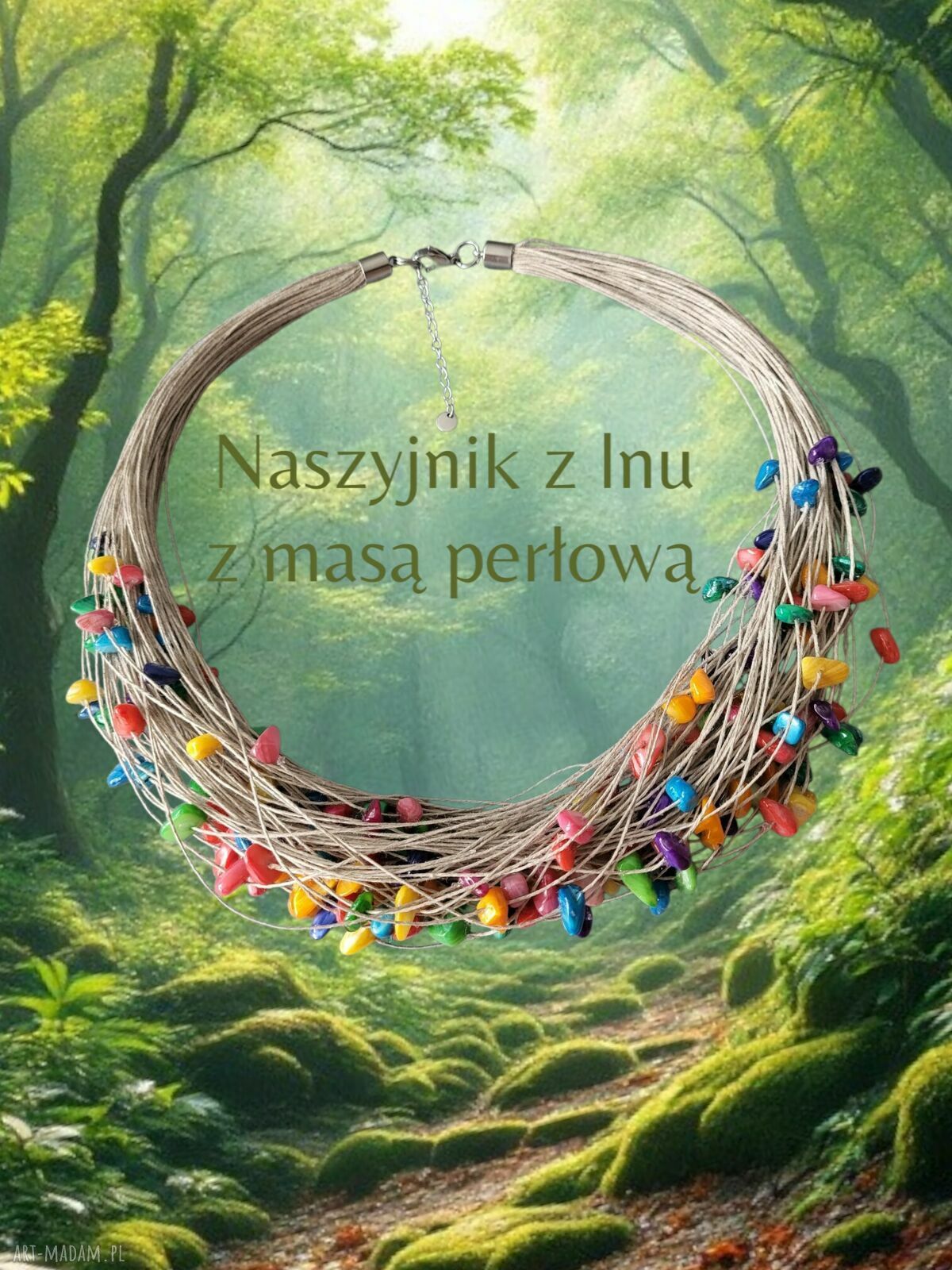 Lniany naszyjnik z masą perłową - stal szlachetna i zapięcie na karabińczyk