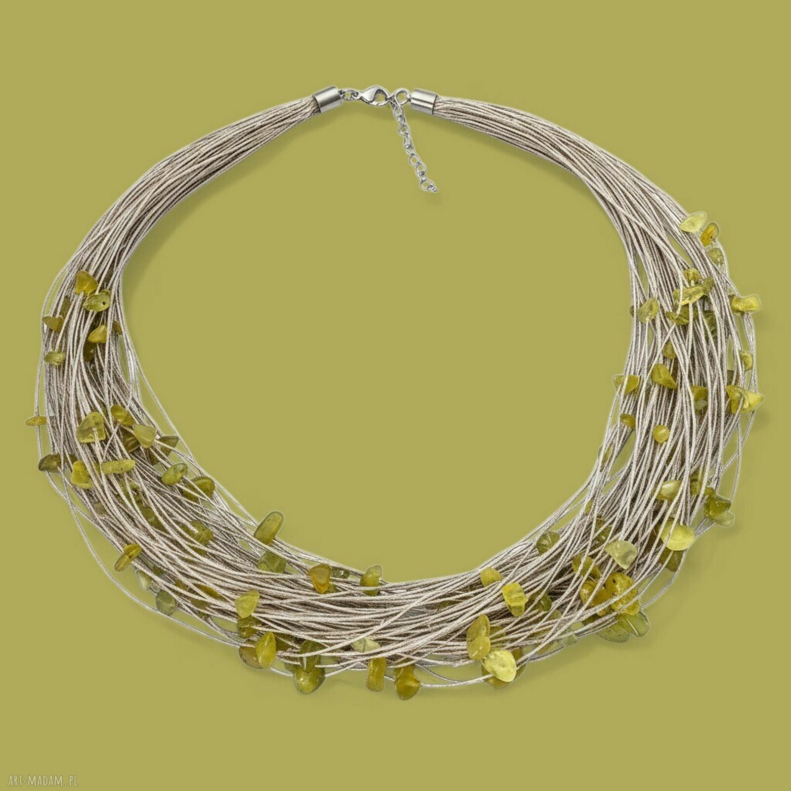 Naszyjnik z lnu z oliwinem - wielorzędowa biżuteria handmade