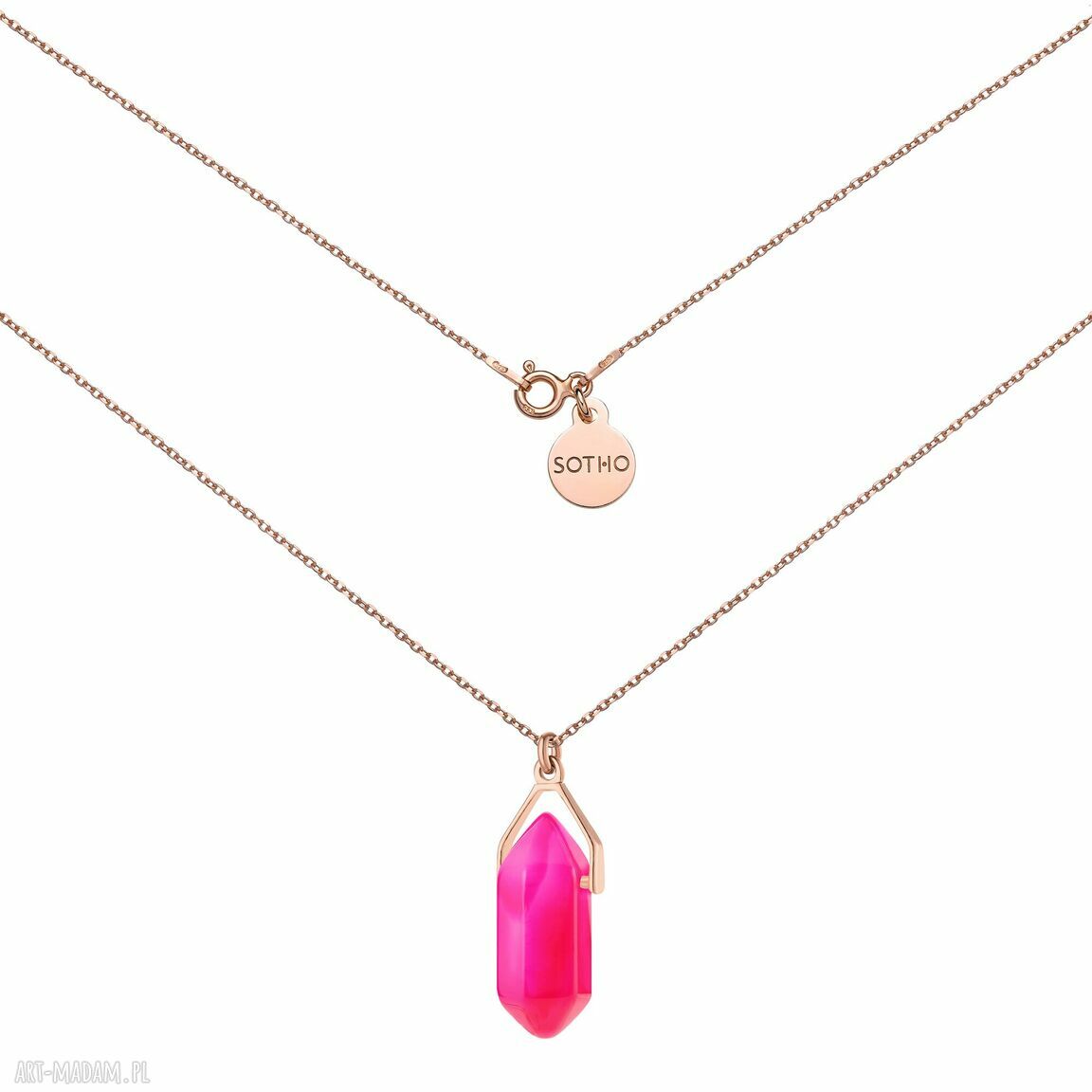 Naszyjnik małym agatem kolorze różowym złoceniu fuksja