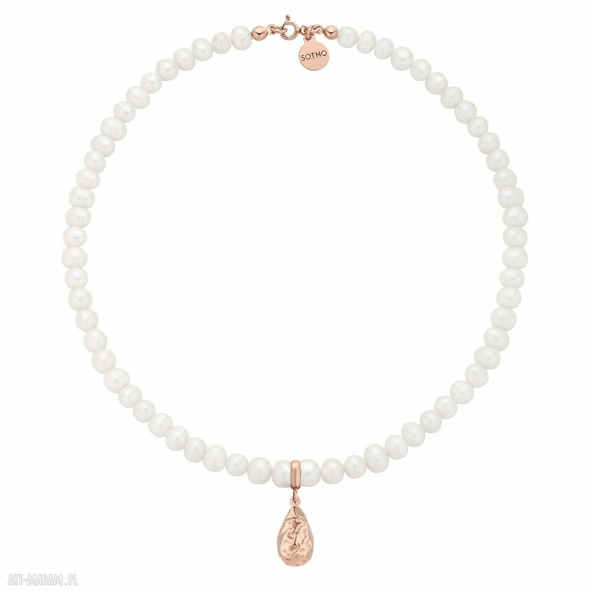 Naszyjnik pereł naturalnych gniecioną kroplą różowego złota perły