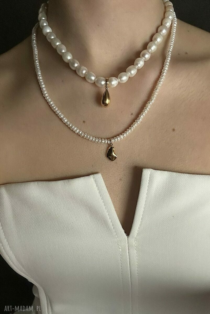 naszyjniki: Naszyjnik z pereł naturalnych kroplą z różowego złota autorskie