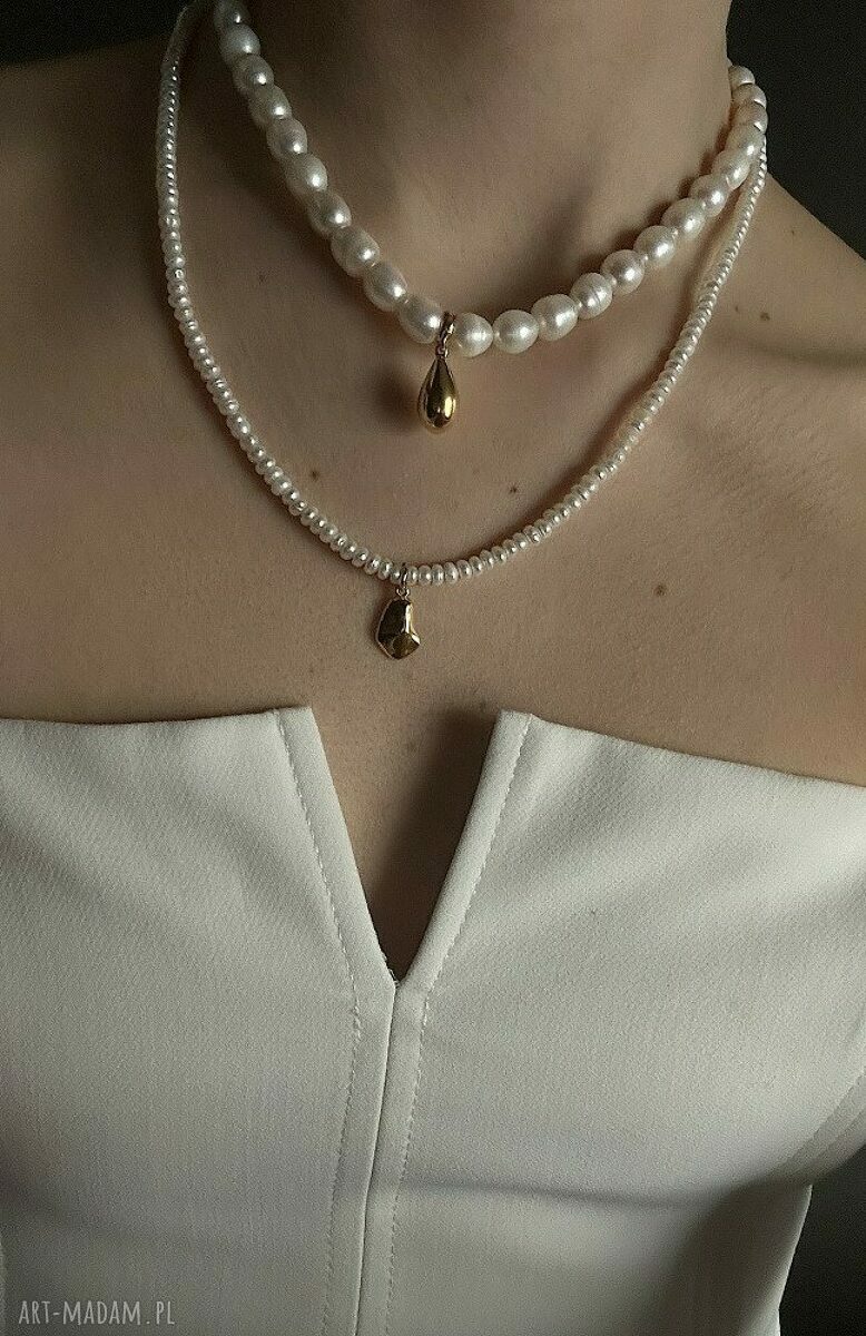 naszyjniki: Naszyjnik z pereł naturalnych kroplą z różowego złota autorskie