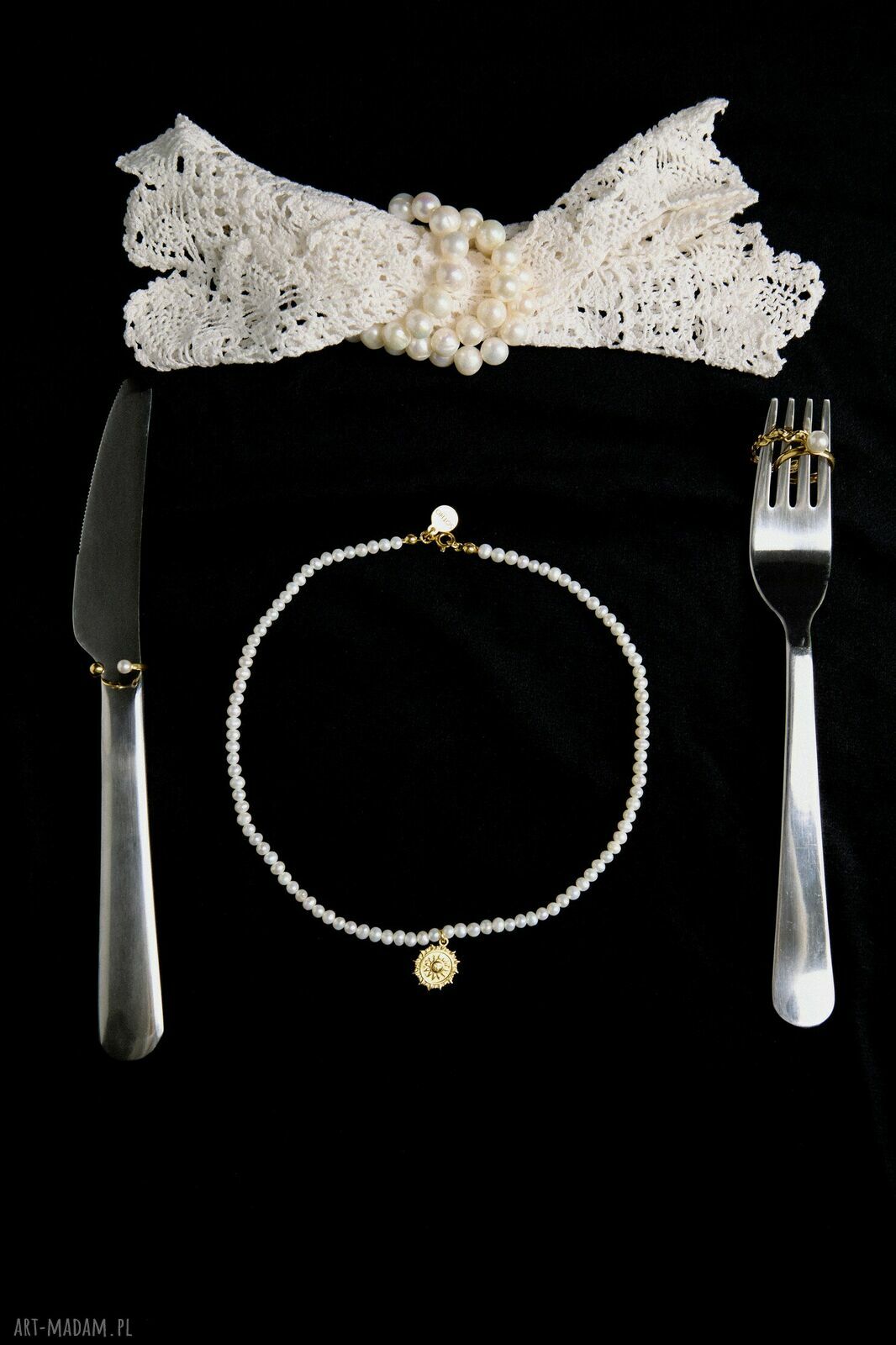 naszyjniki: Naszyjnik z pereł naturalnych ze słońcem z różowego złota Handmade