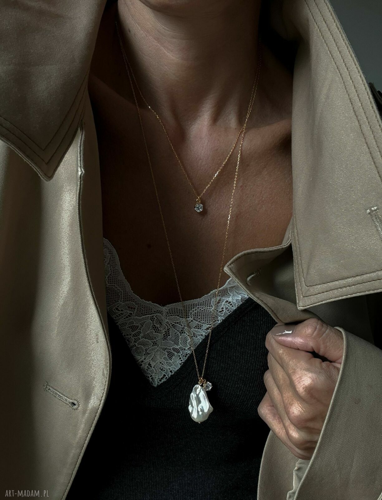 naszyjniki: Naszyjnik z różowego złota z barokową perłą i bezbarwną cyrkonią Handmade