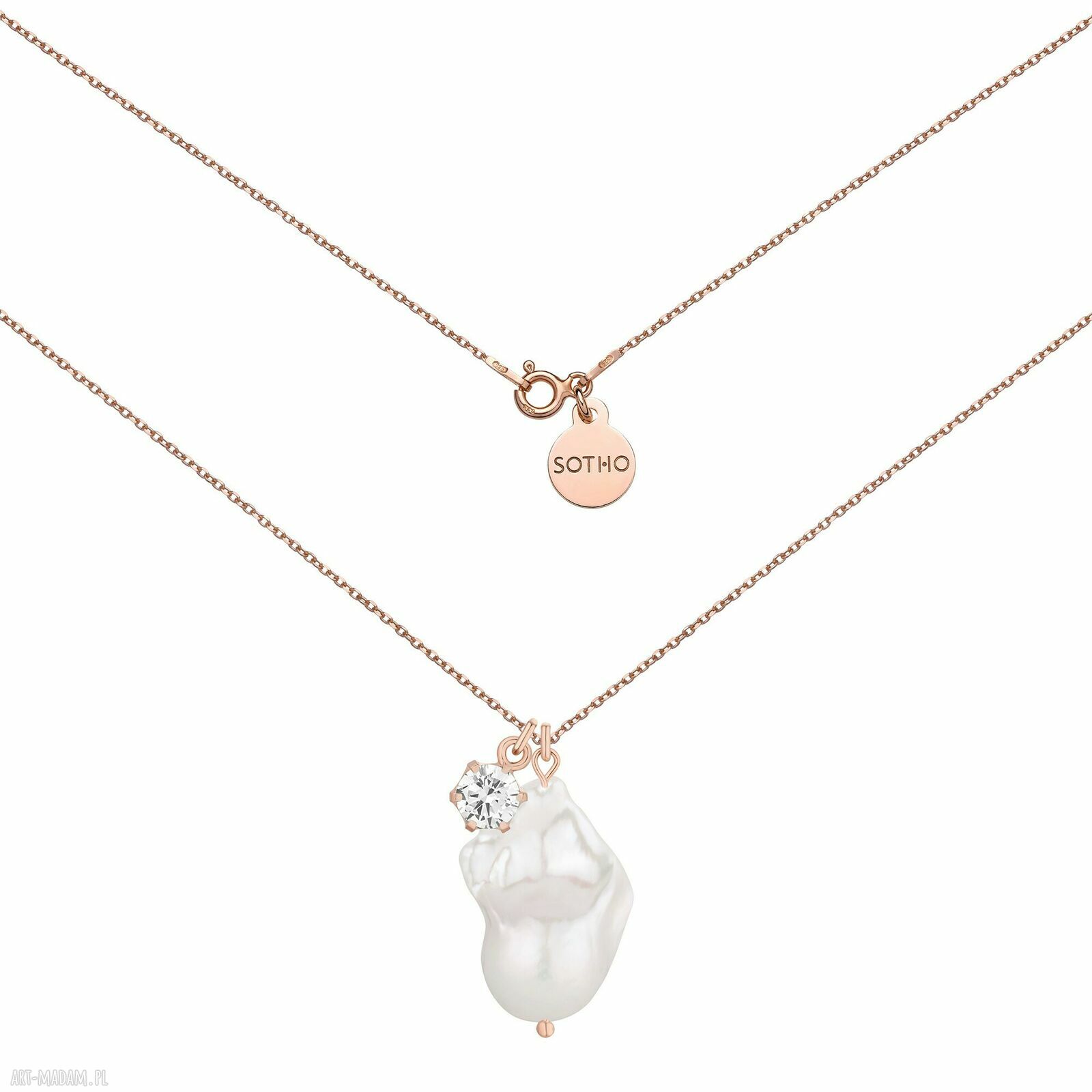 Naszyjnik różowego złota barokową perłą bezbarwną cyrkonią