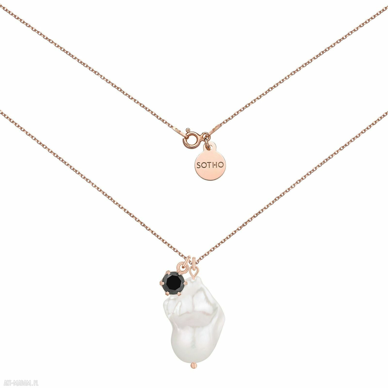 Naszyjnik różowego złota barokową perłą czarną cyrkonią pozłac