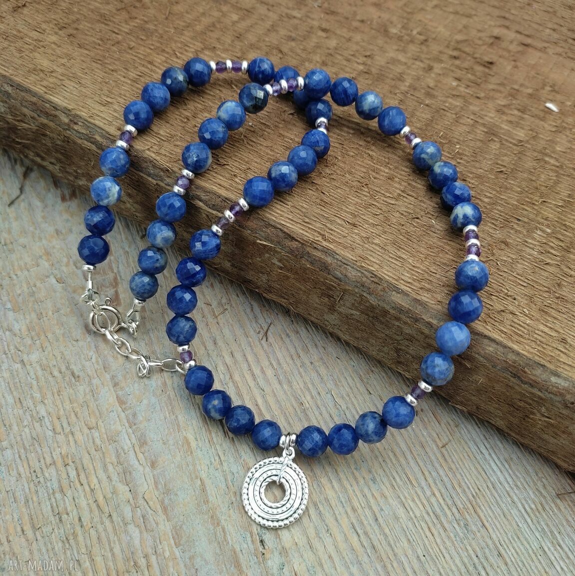 Naszyjnik z sodalitu i ametystu - srebro 925, fasetowane kamienie i regulowana długość