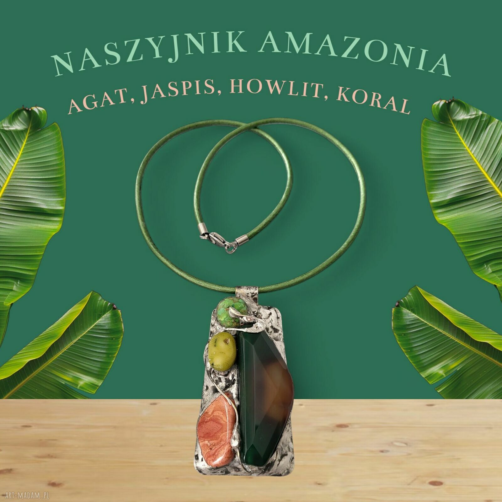 Naszyjnik z witrażowym wisorem Amazonia wykonany metodą Tiffany