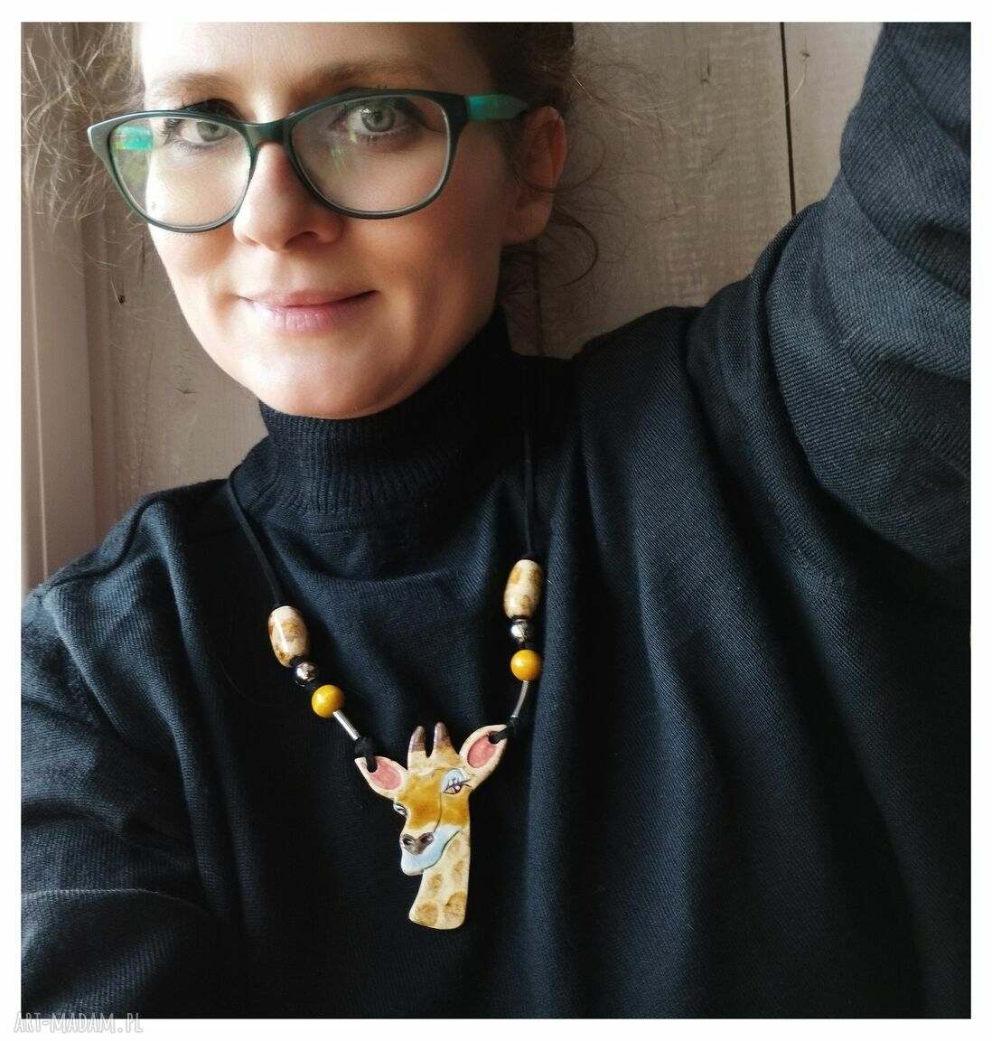 Naszyjnik z żyrafą etno - ceramika i koraliki handmade