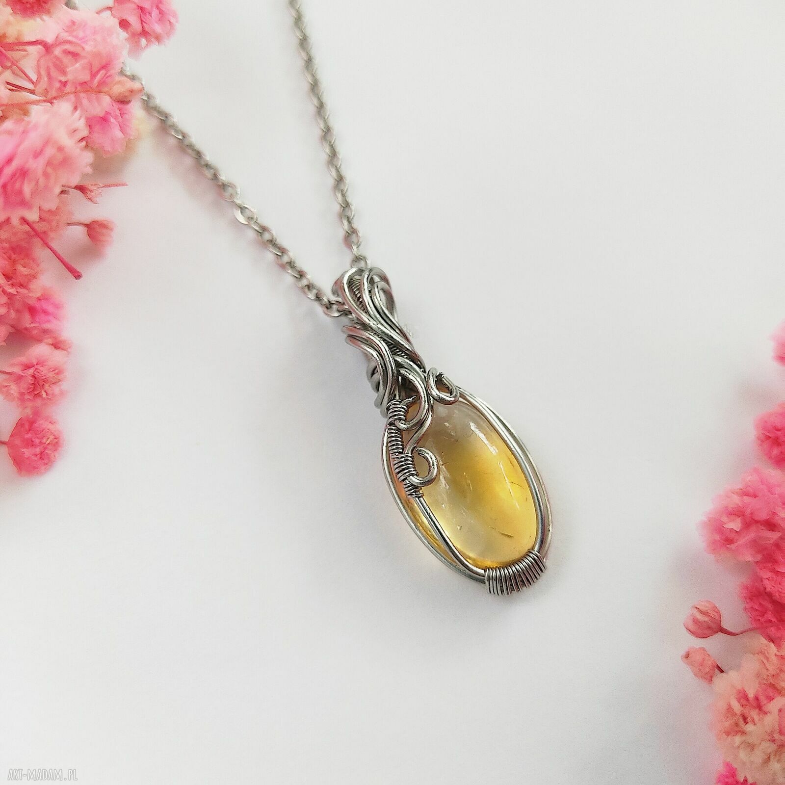 Naszyjnik z cytrynem ze stali chirurgicznej - wire wrapping
