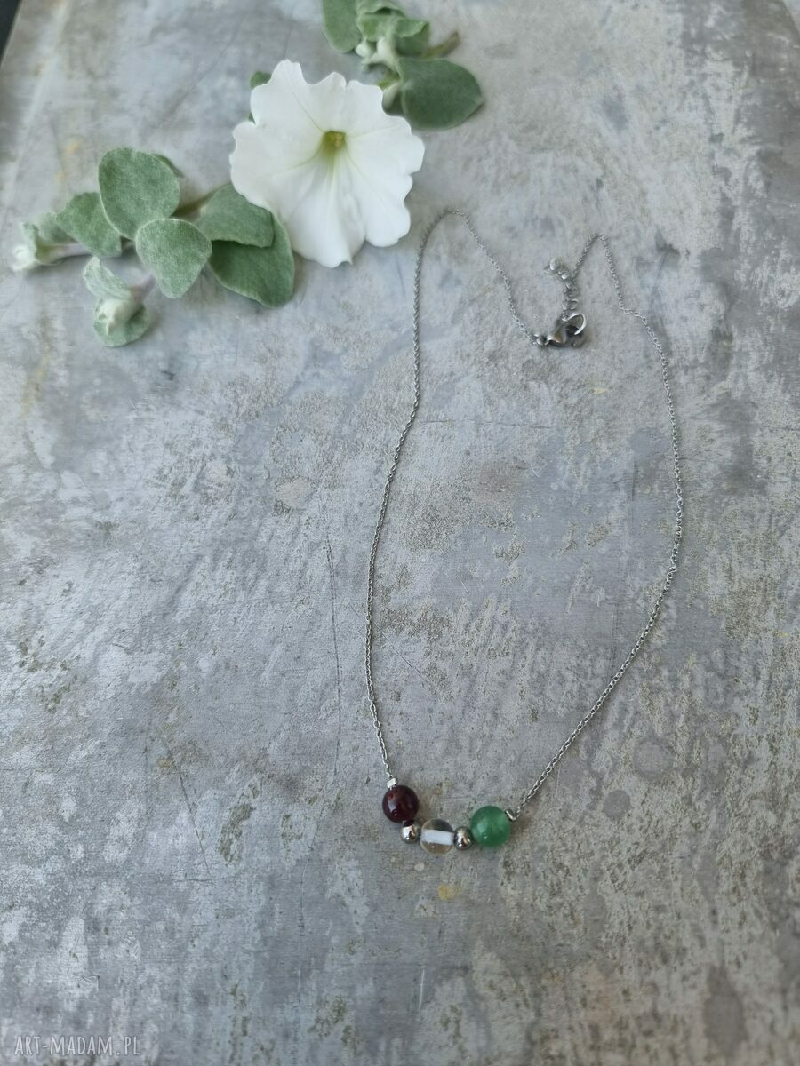 Naszyjnik Zodiak dla Lwa ze stali szlachetnej srebrnej z awenturynem, kryształem górskim i granatem