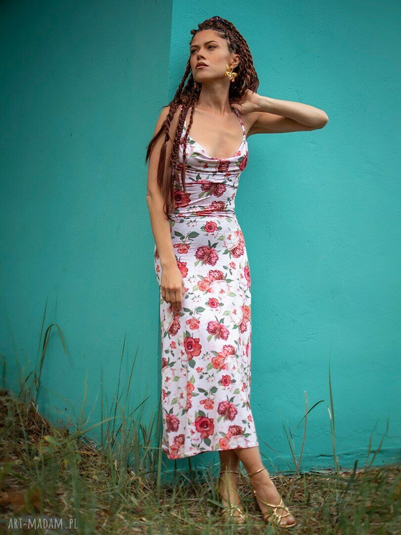 Natalia - dopasowana sukienka slipdress midaxi w kwiaty i grochy