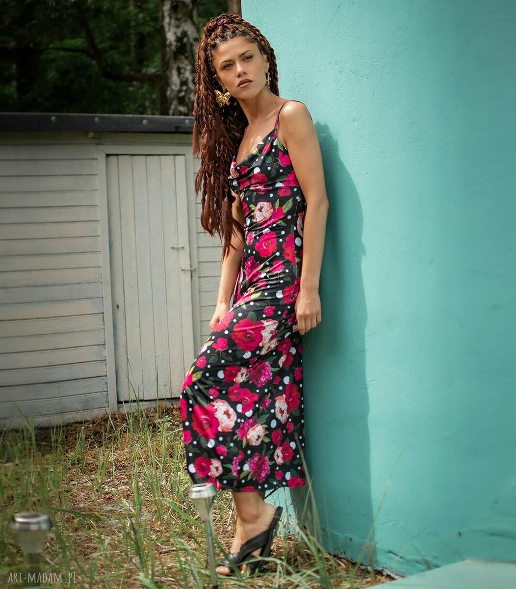 Natalia - sukienka slip dress midaxi w kwiaty i grochy
