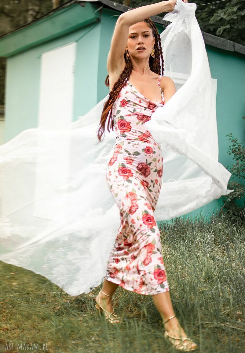 Natalia - dopasowana sukienka slipdress midaxi w kwiaty i grochy