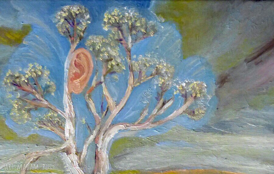 Natura słuchająca - surrealistyczny pejzaż z uchem (obraz olejny 40 x 30 cm)