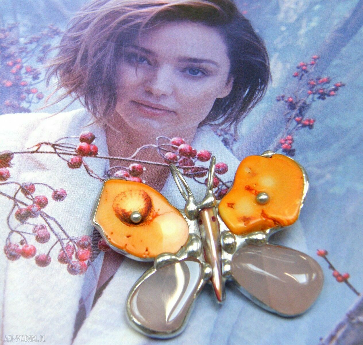 Broszka i wisior 2w1 Motyl z koralowca i kwarcu różowego Tiffany