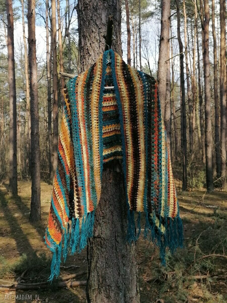 Navaho duży szal boho - ręcznie szydełkowany szal z wełny merino i alpaki