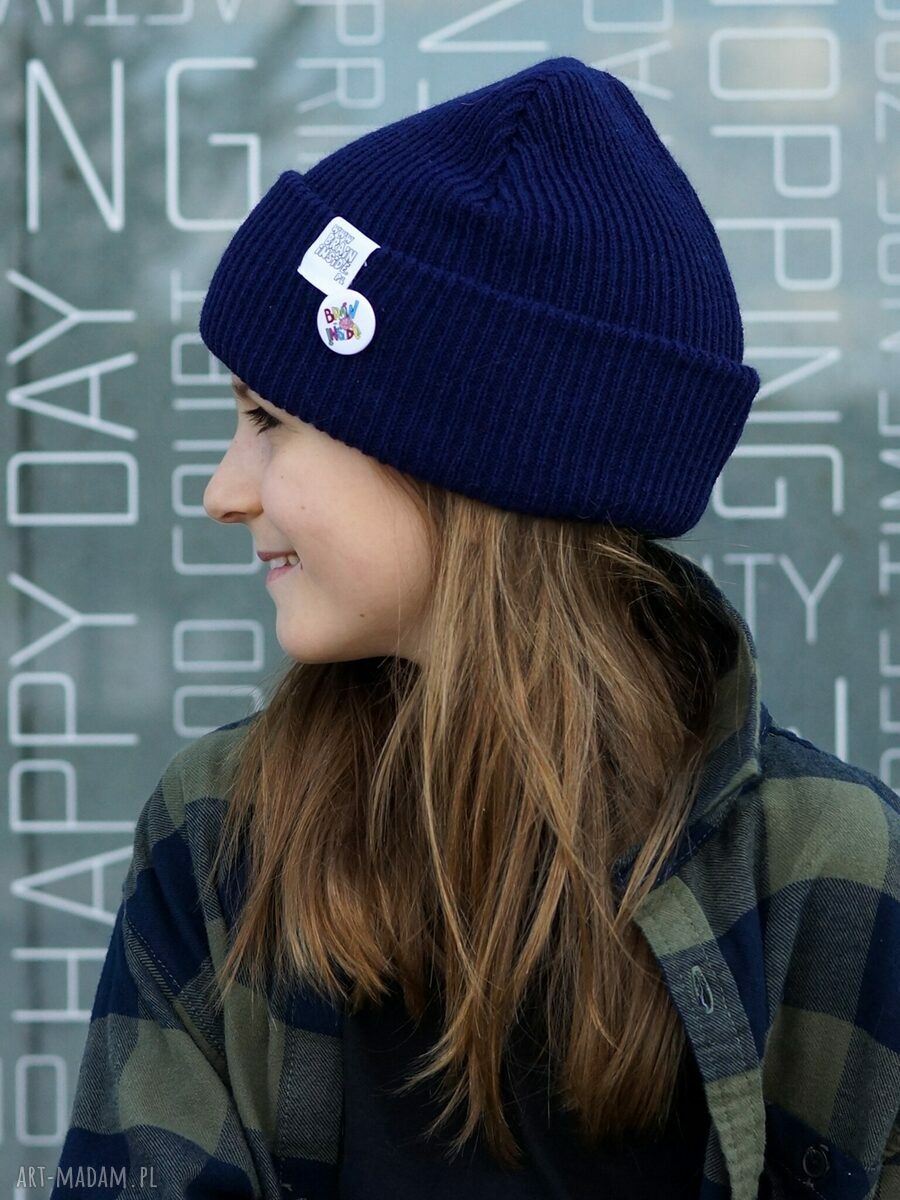 Granatowa czapka dziecięca typu beanie Navy Blue z kolorowym logo (Kids)
