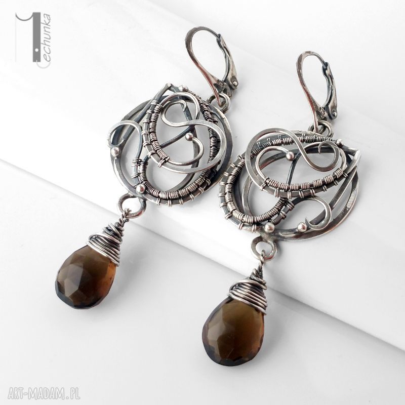 Nefele srebrne kolczyki kwarcem dymnym wire wrapping wirewrapping