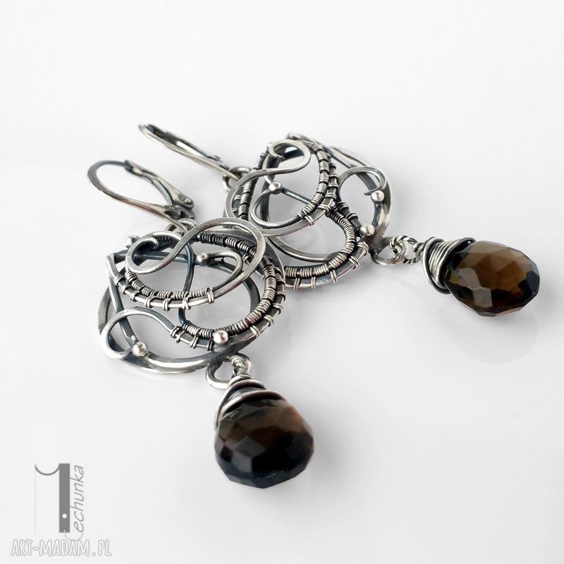 kolczyki: Nefele srebrne kolczyki z kwarcem dymnym wire wrapping Hand Made