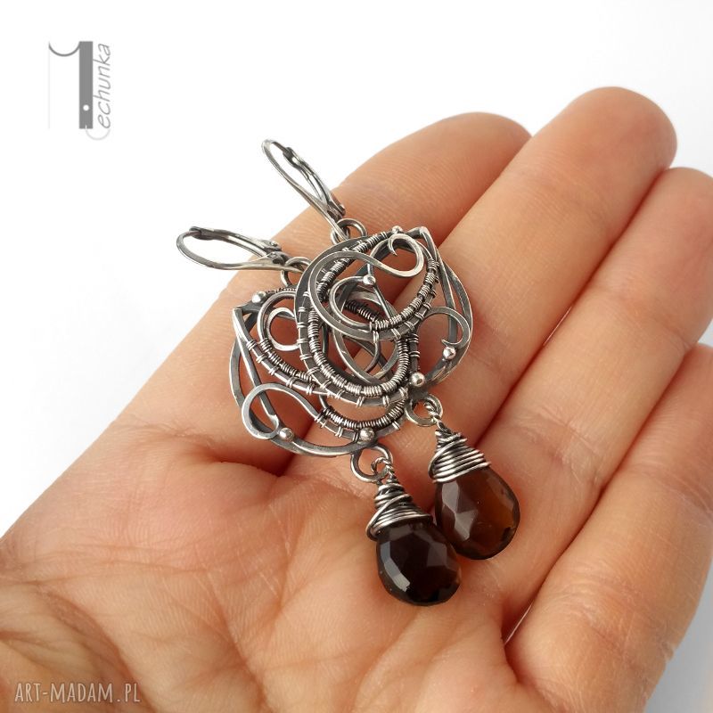 kolczyki: Nefele srebrne kolczyki z kwarcem dymnym wire wrapping Hand Made