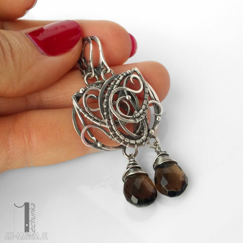 kolczyki: Nefele srebrne kolczyki z kwarcem dymnym wire wrapping Hand Made