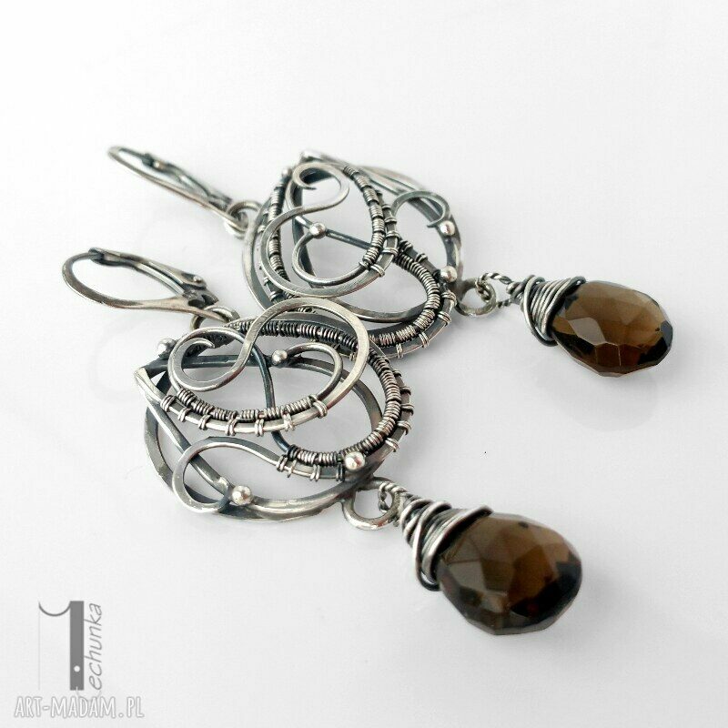 kolczyki: Nefele srebrne kolczyki z kwarcem dymnym wire wrapping Hand Made
