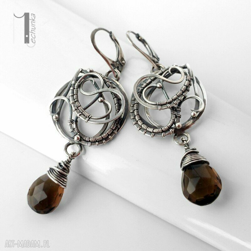 kolczyki: Nefele srebrne kolczyki z kwarcem dymnym wire wrapping Hand Made