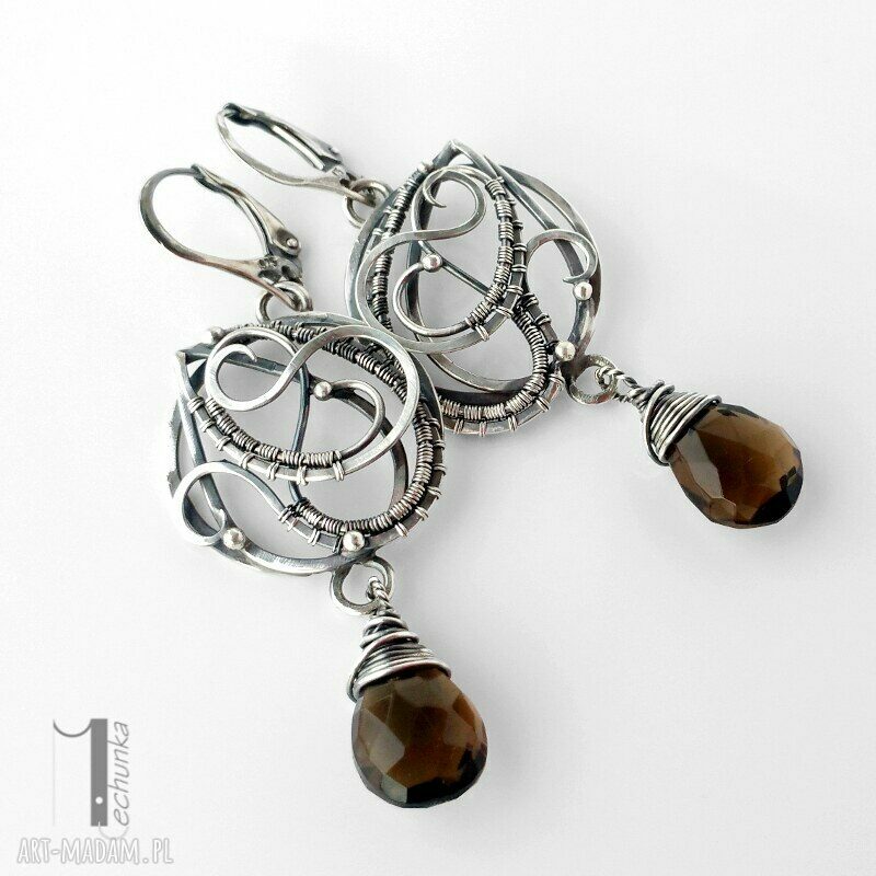 kolczyki: Nefele srebrne kolczyki z kwarcem dymnym wire wrapping Hand Made