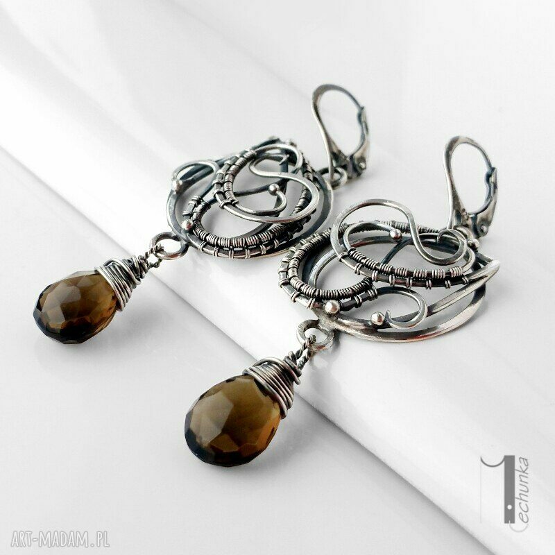 kolczyki: Nefele srebrne kolczyki z kwarcem dymnym wire wrapping Hand Made