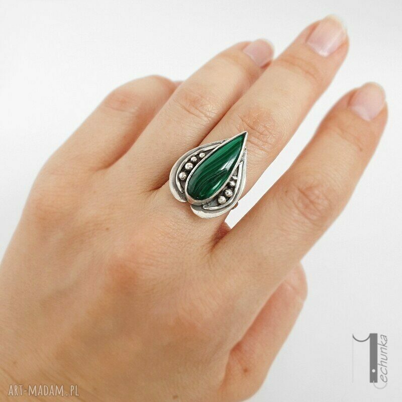 pierścionki: Nelumbo zielony srebrny pierścień z malachitem Ręcznie robione