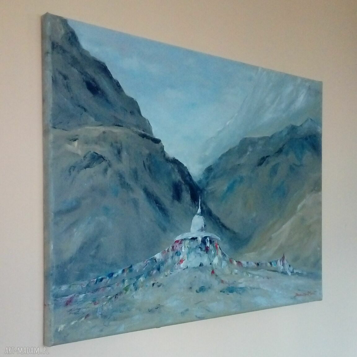 Nepal - obraz olejny z górami i stupą buddyzmu (50x70 cm), gotowy do zawieszenia