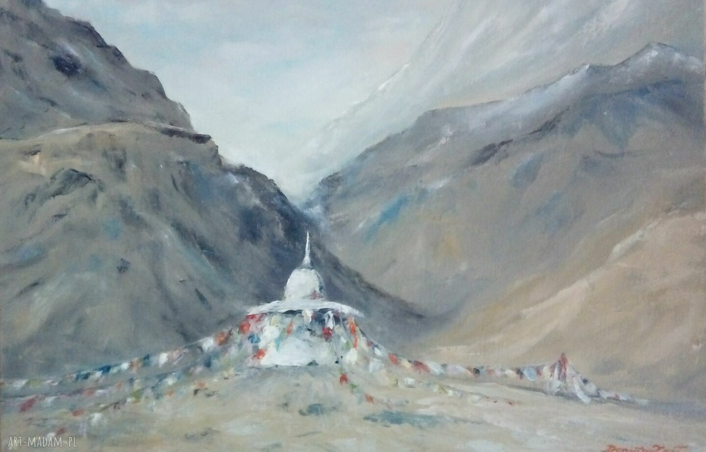 Nepal - obraz olejny z górami i stupą buddyzmu (50x70 cm), gotowy do zawieszenia