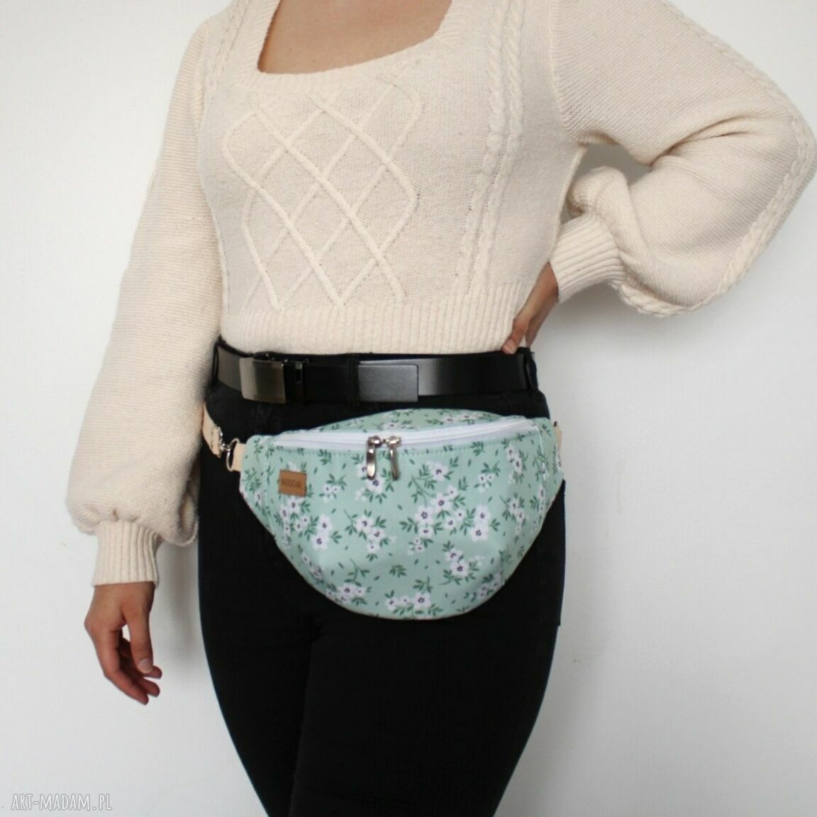 nerki: Nerka damska w kwiatki na miętowym, wodoodporna Hand Made