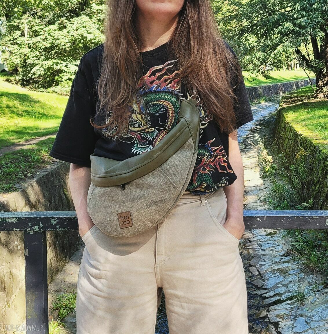 Nerka Haru zielona khaki z bawełny i ekoskóry