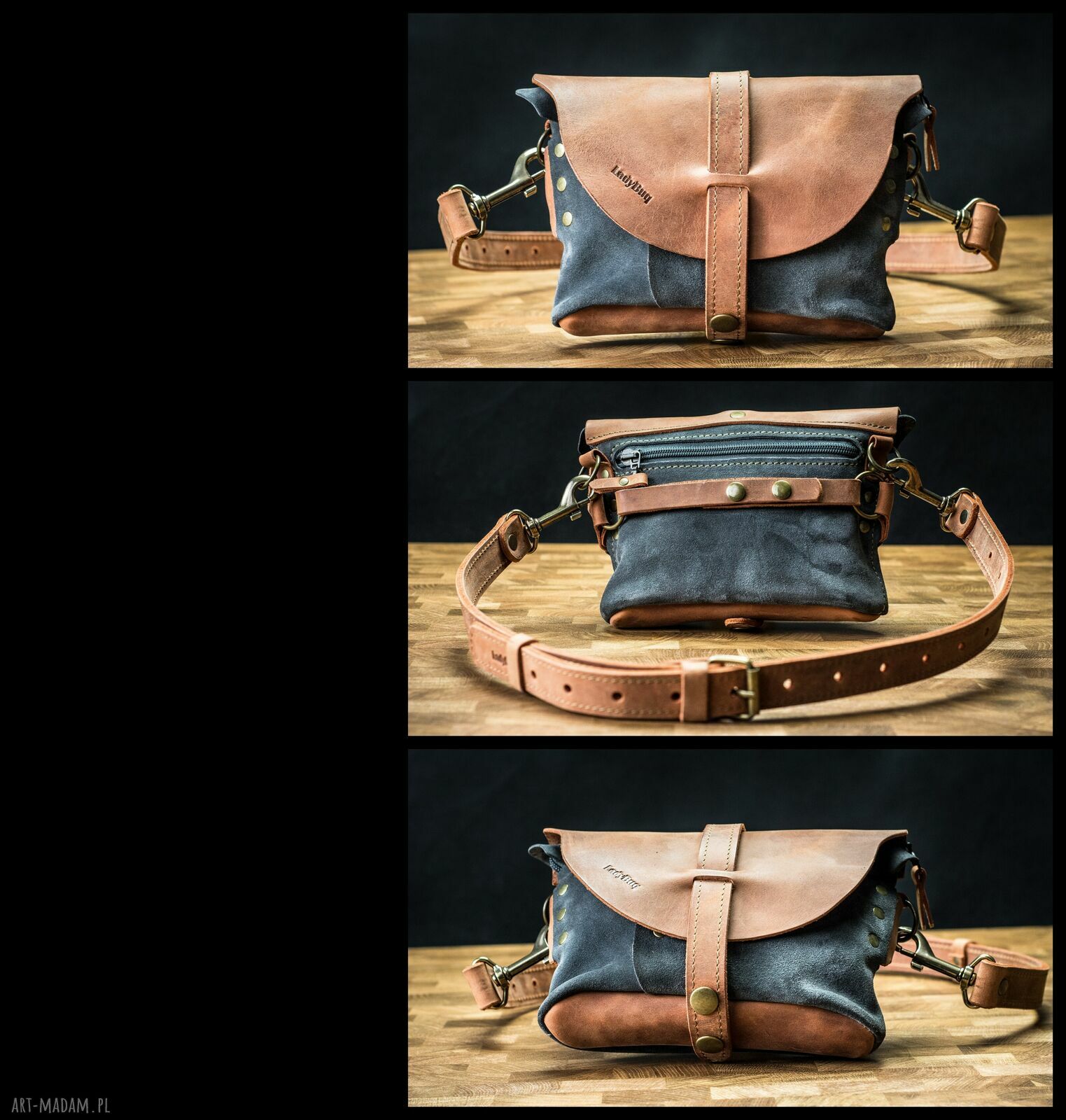 Mała nerka listonoszka patchwork ze skóry i zamszu w stylu vintage