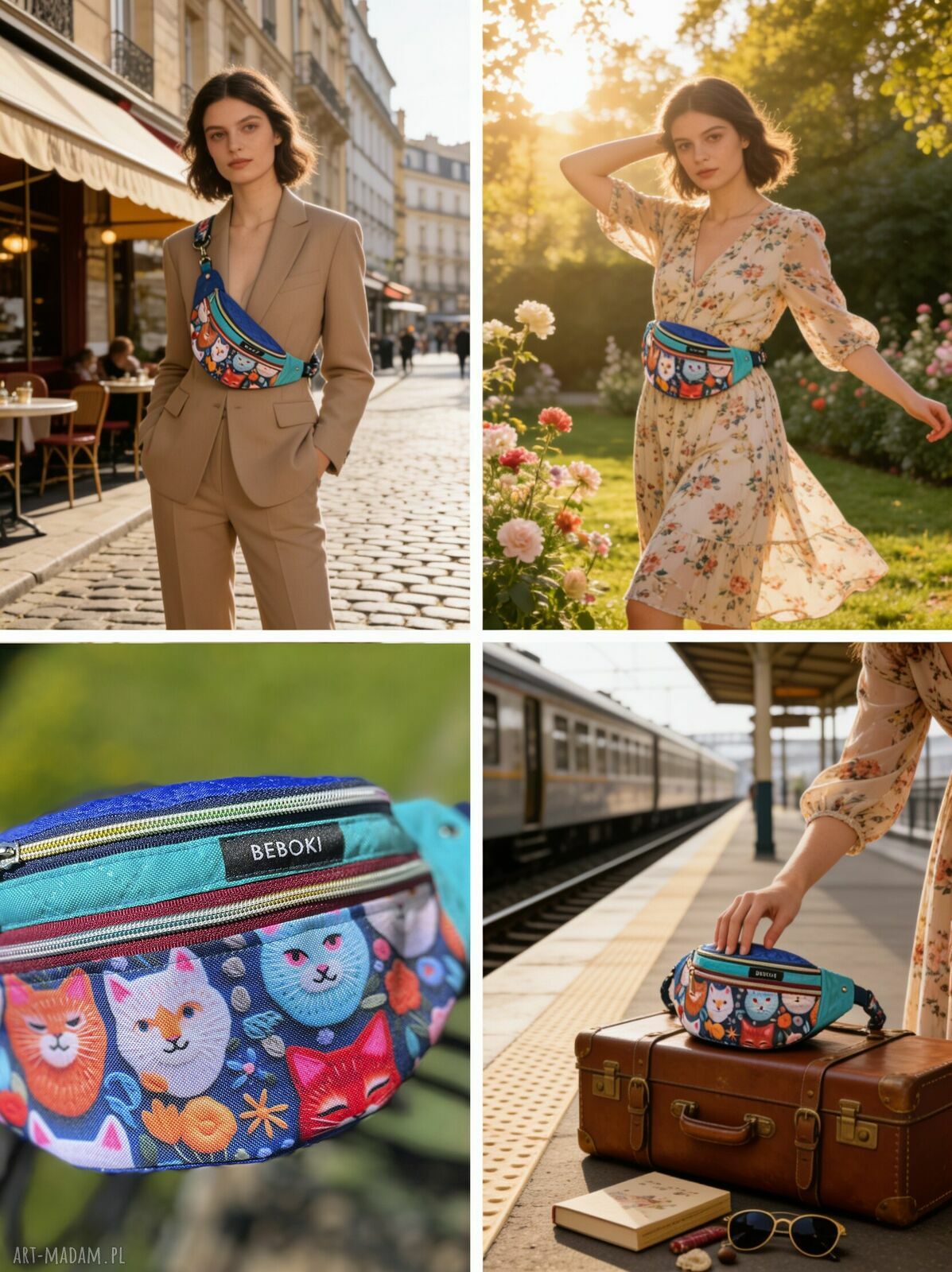 Nerka M niebieska Cats Voyage z miniportfelem gratis - ręcznie robiona