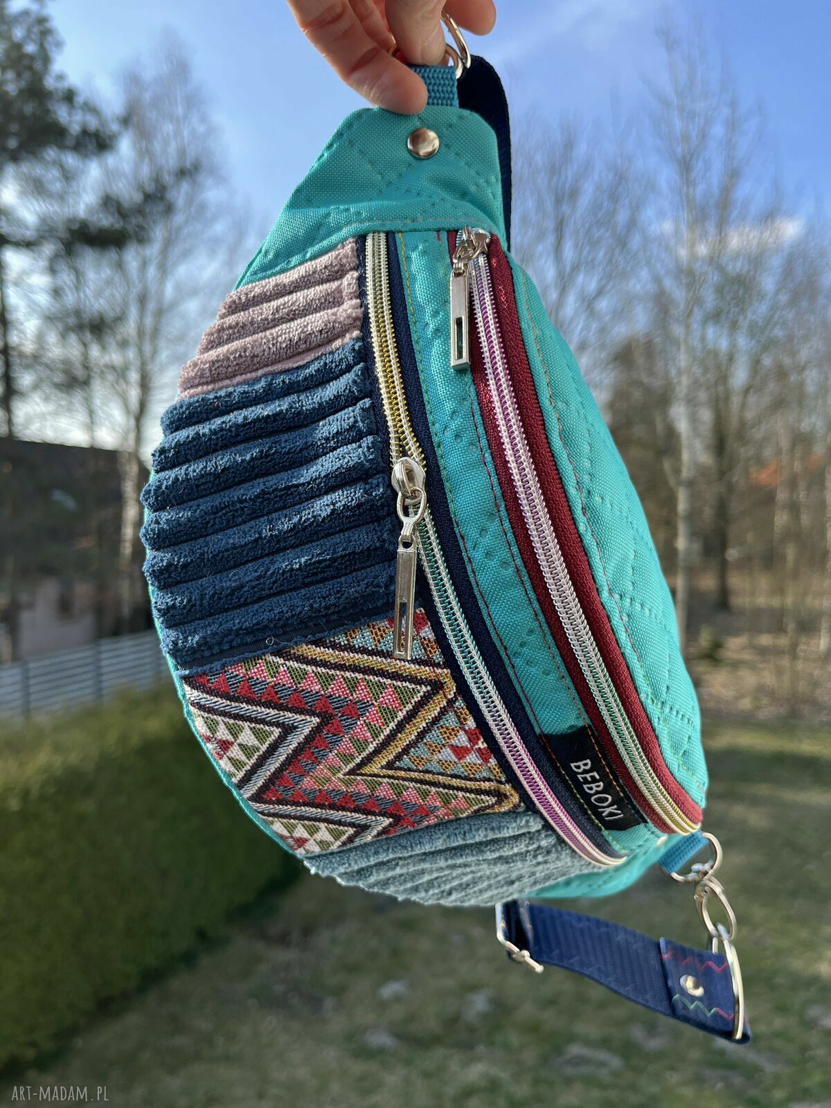Nerka Patchwork turkus - unikatowa saszetka biodrowa z miniportfelikiem gratis