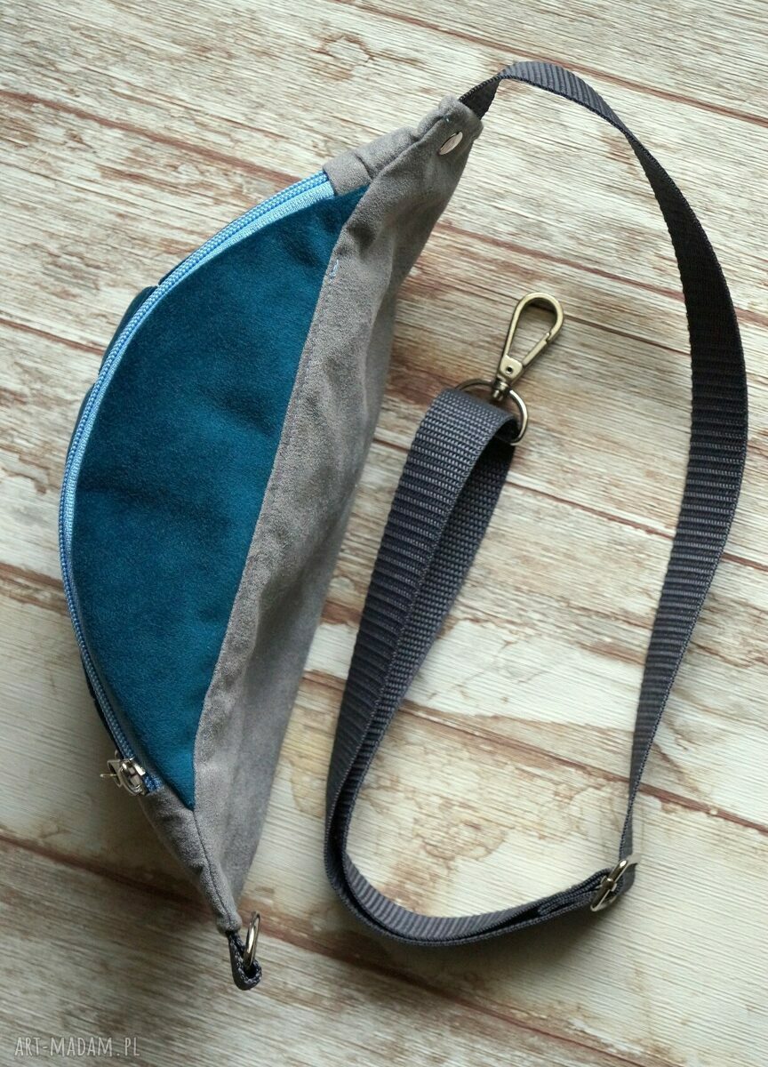 Nerka - saszetka na biodro handmade z turkusowym pluszem i szarym ekozamszem