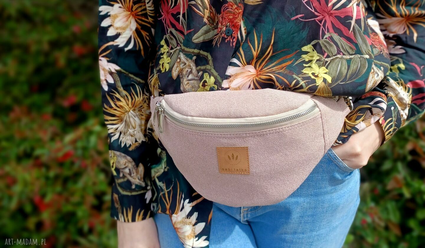 Różowa nerka damska z lnianej plecionki - handmade