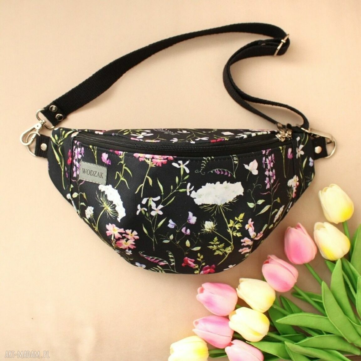 Nerka damska wiosenną łąkę wodoodporna kwiaty duża czarna prezent