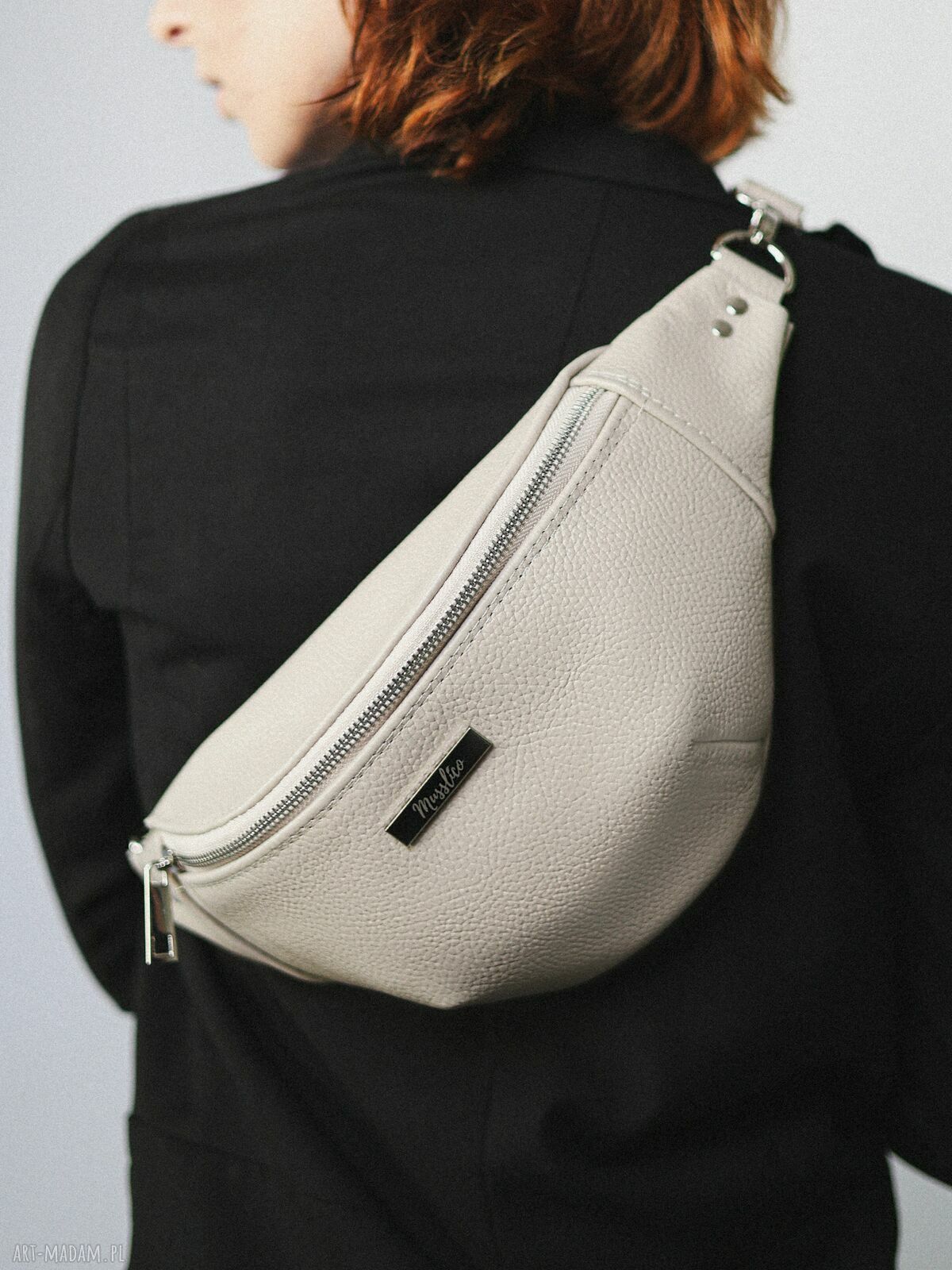 Nerka XL ze skóry naturalnej beżowa Musslico - crossbody