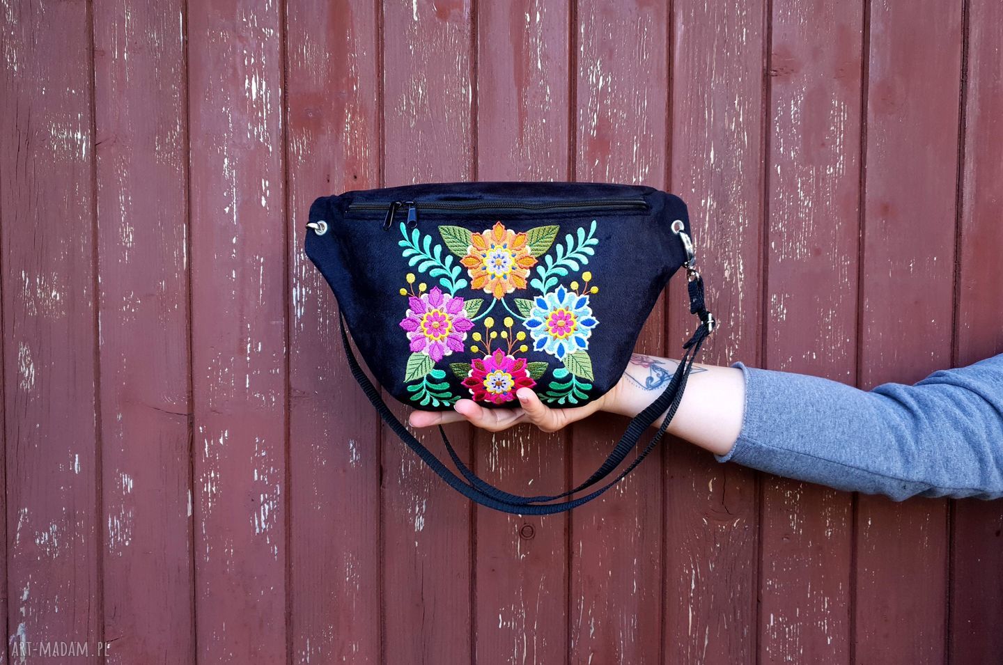 Prezent handmade - folkowa nerka - nerka folkowa zapinana na suwak