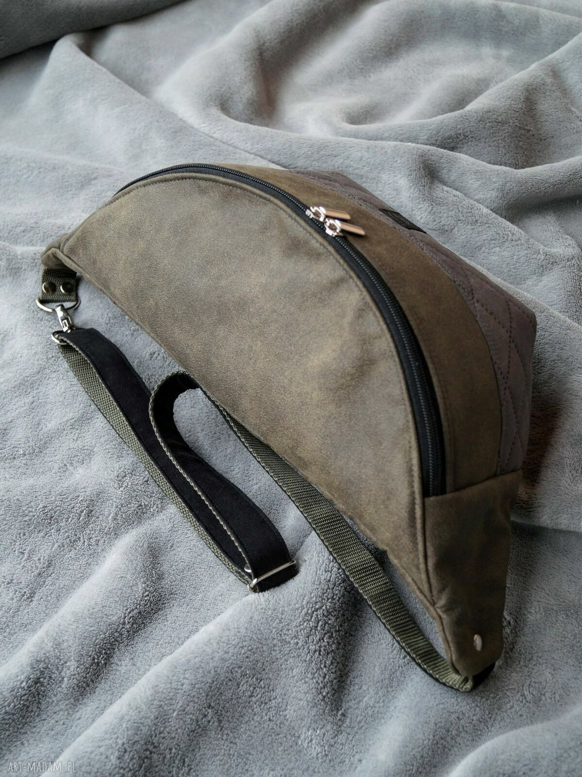 Nerka XXL ciemna oliwka z szarością - duża torebko-nerka handmade
