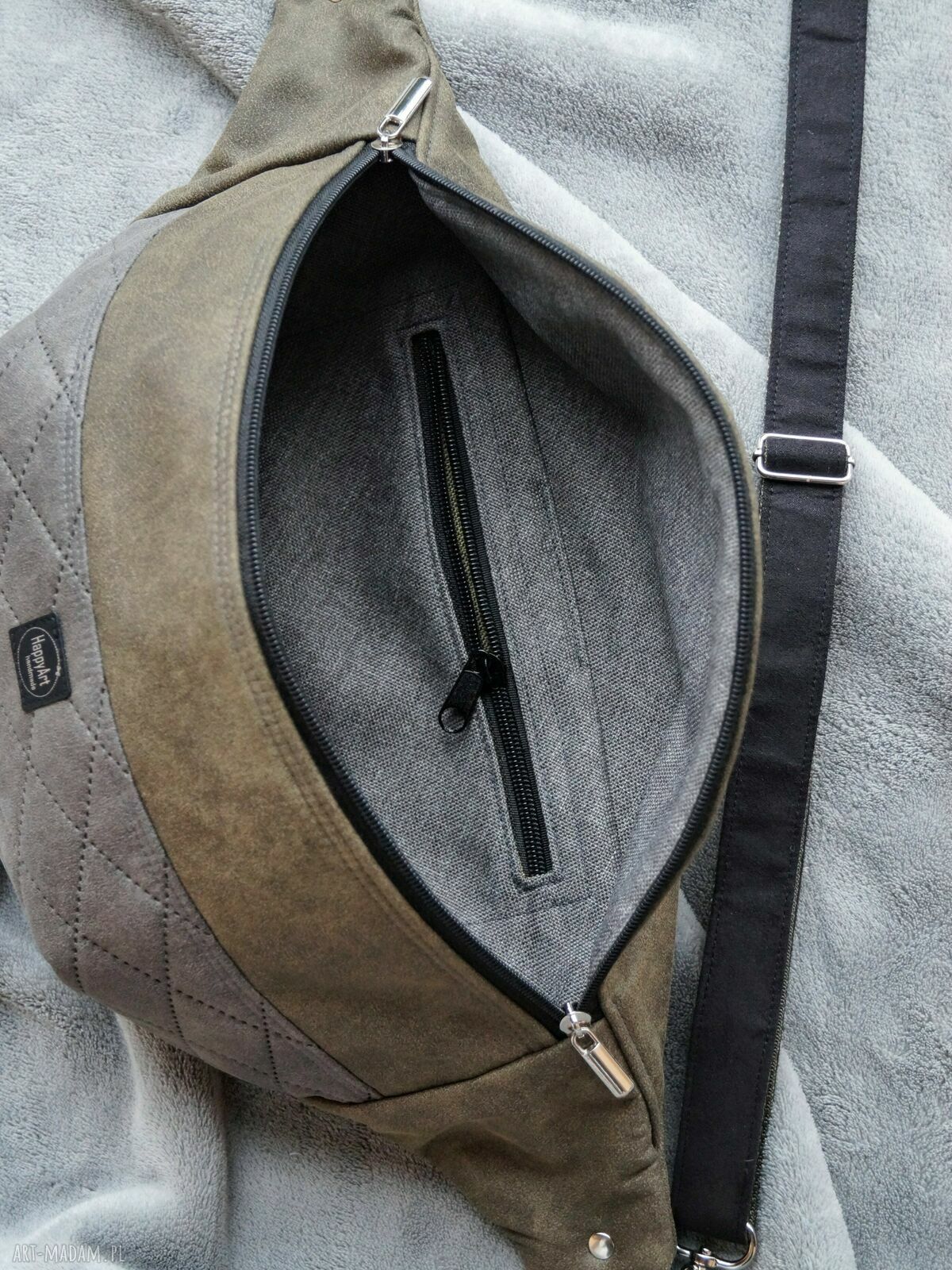 Nerka XXL ciemna oliwka z szarością - duża torebko-nerka handmade