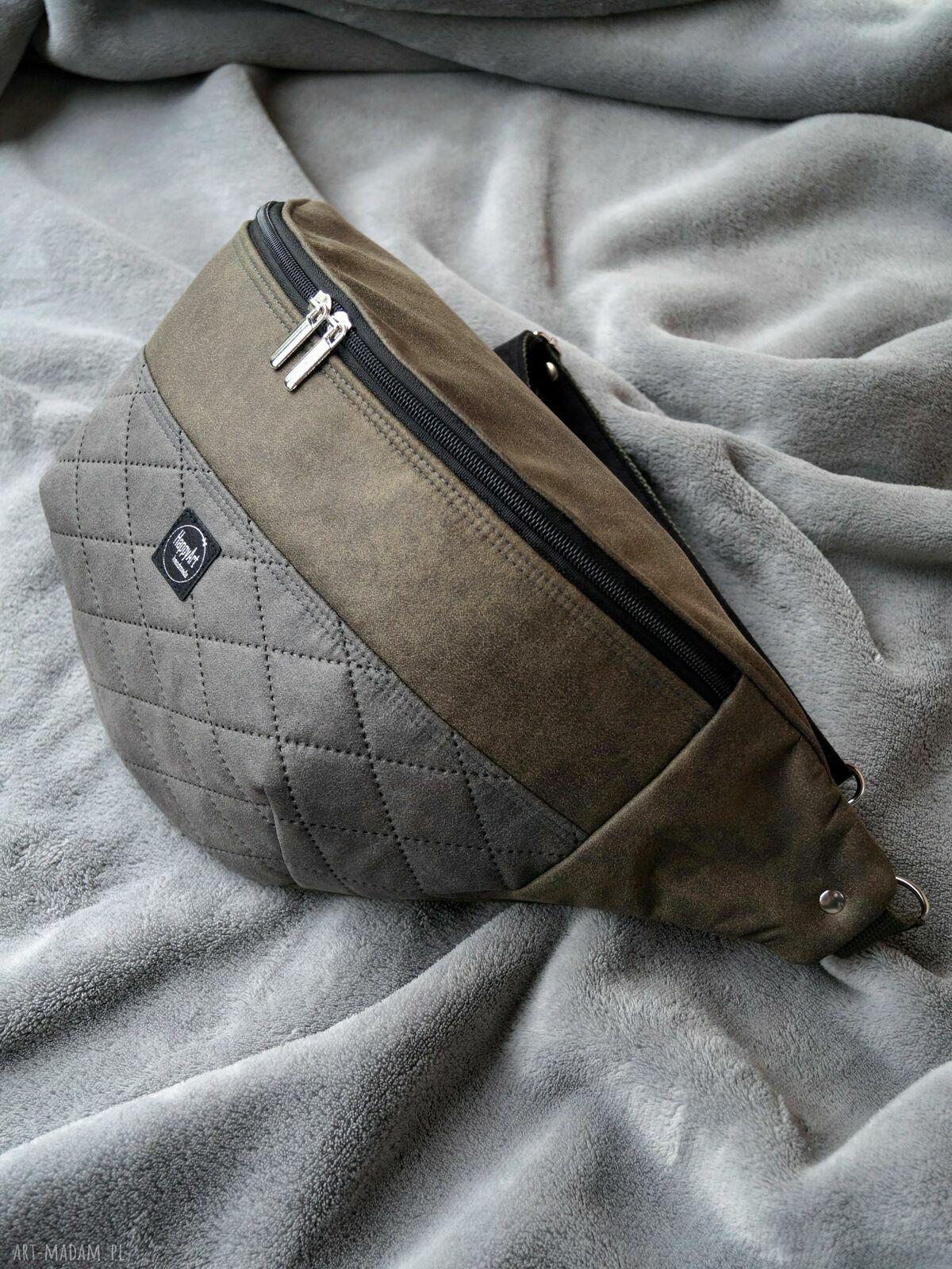 Nerka XXL ciemna oliwka z szarością - duża torebko-nerka handmade