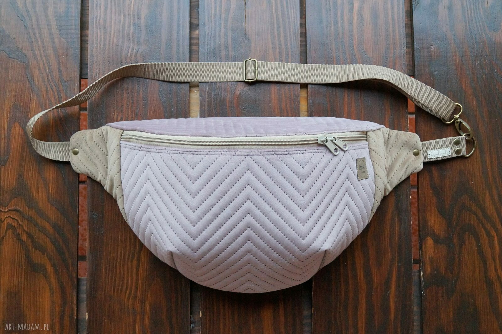 Nerka XXL pudrowa lawenda z beżem - pojemna nerka na prezent handmade