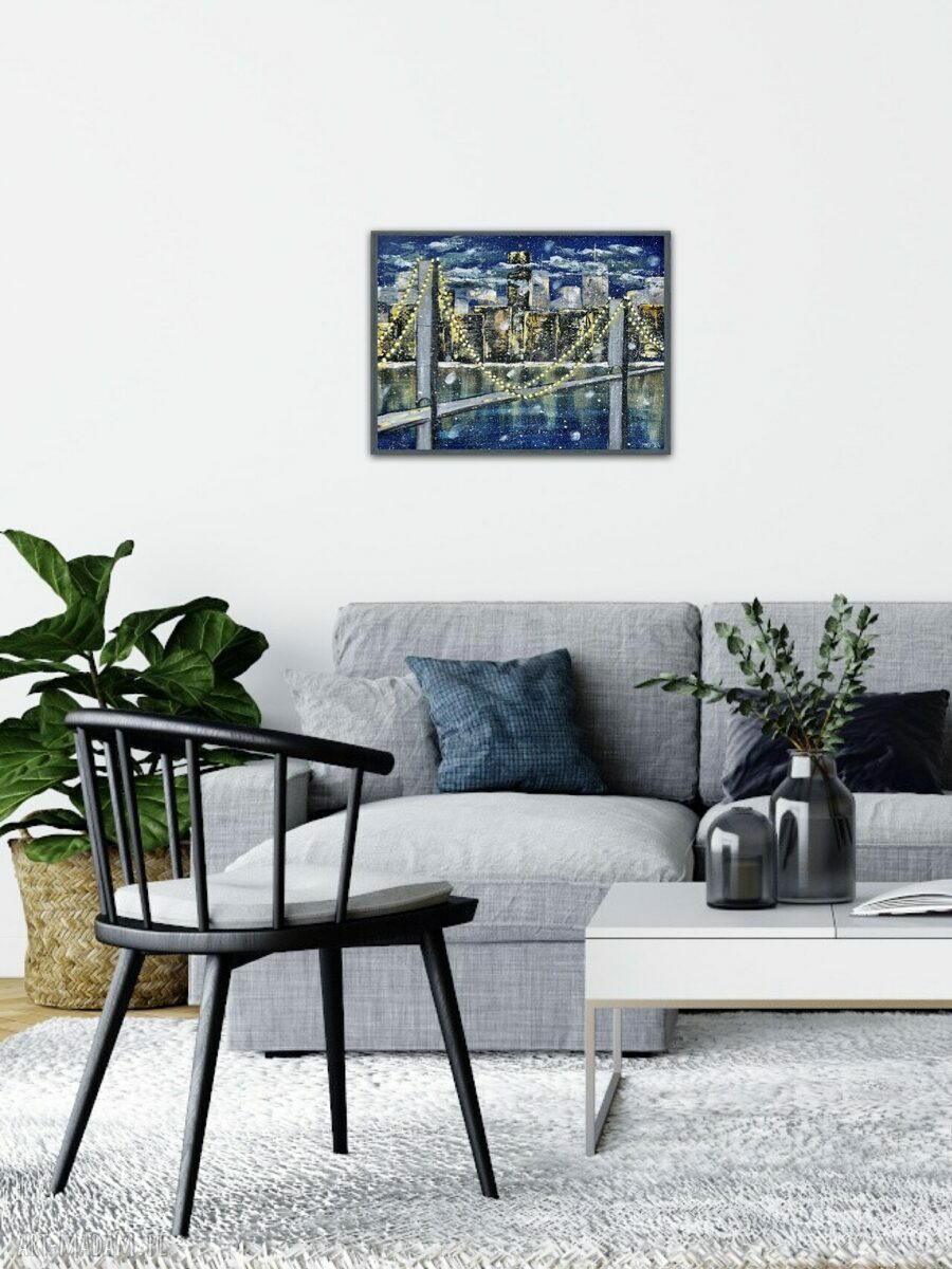 New York IV - obraz miasta noc, akryl 40x30 cm, niebieska kolorystyka (bez ramy)