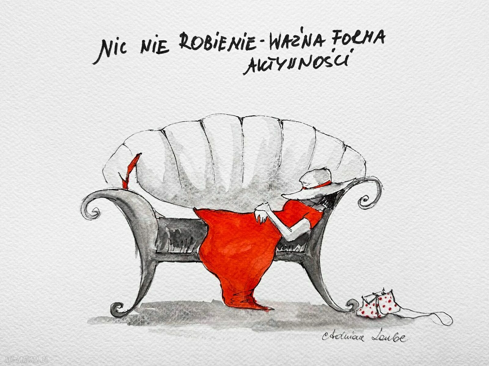„Nic-nie-robienie” - akwarela z piórkiem Adriany Laube A3